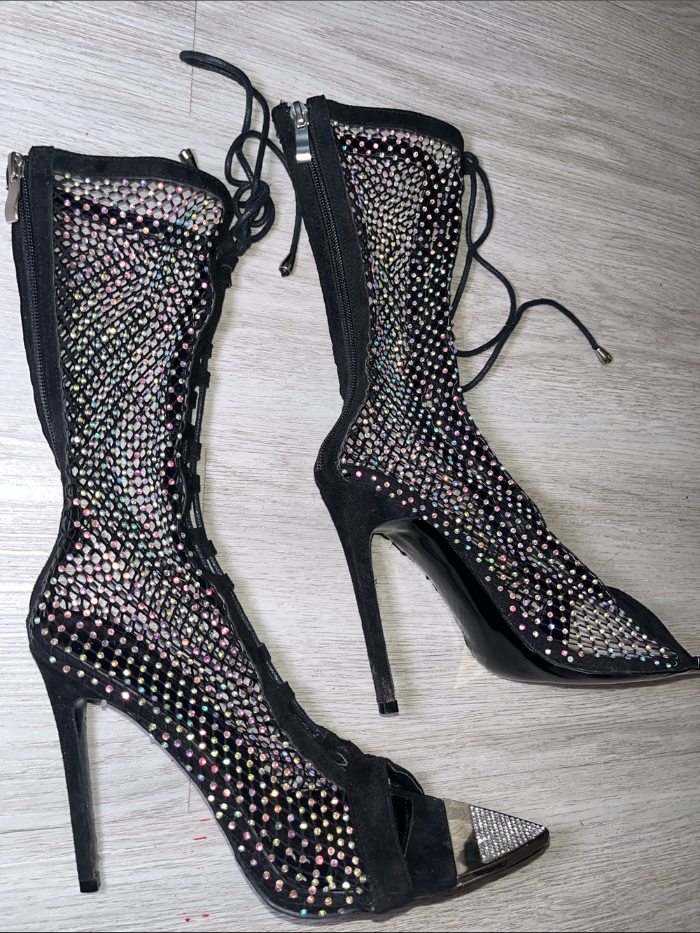 Azalea Wang Black Rhinestone Mesh High-Heel Booties 9